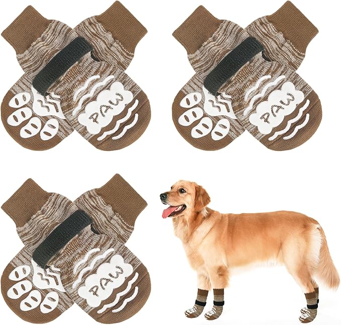 BEAUTYZOO Anti Slip Dog Socks for Small Medium Large Dogs,Paw Protector with Grips for Hardwood Floor Hot/Cold Pavement,Traction Control 3 Pairs AntiTwist Dog Shoes to Prevent Licking for Senior Dog-PawvioPets