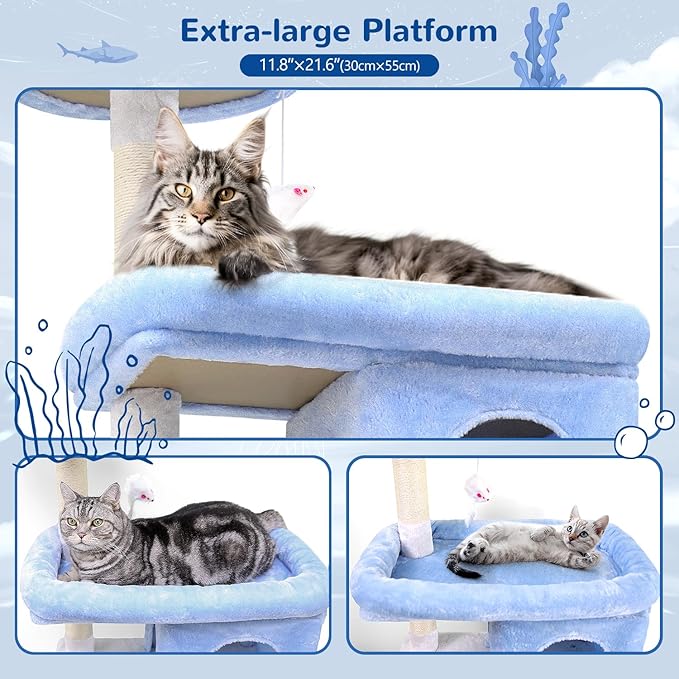 Globlazer Heavy Duty Cat Trees for Large Cats, Sturdy 72in Maine Coon Cat Tree for Large Cats 20 lbs+ Heavy Duty Cat Tower for Adult Biggest Cat with 6 Scratching Posts, Hammock, S72, Ocean Blue-PawvioPets