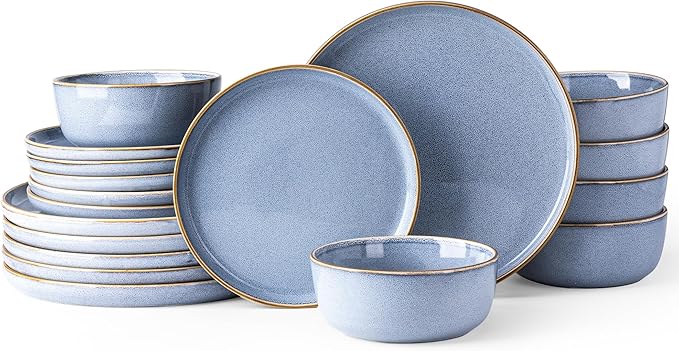 GBHOME Ceramic Dinnerware Sets for 6, 18 Pieces Stoneware Plates and Bowls Sets, Scratch Resistant Dish Sets for Dinner, Dishwasher & Microwave Safe, Brunnera Blue-PawvioPets