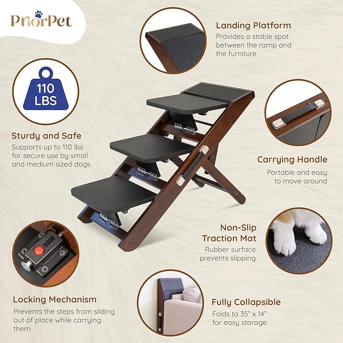 Dog Steps for Bed & Couch 2-in-1 Dog Stairs/Ramp - Height Adjustable Dog Ramp for Couch 7” - 20” - Pet Stairs, Dog Stairs for Small Dogs - Easy to Move Pet Steps with Landing Platform, Walnut-PawvioPets