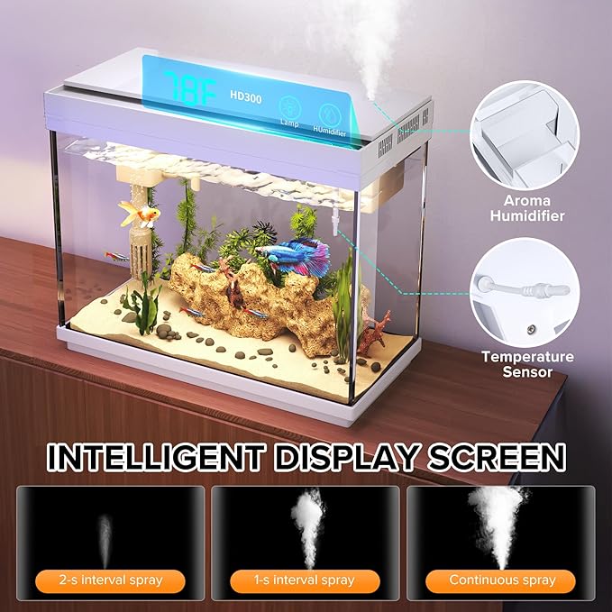 Fish Tank 2.4 Gallon Aquarium Kit with Humidifier 7-Color Auto-Looping 3 in 1 Quiet Pump with Filteration & Oxygenation & Circulation, Temperature Display, HD Glass-PawvioPets