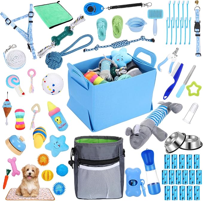 65 Pcs Puppy Supplies Starter Kit Small Dog Essentials Includes Dog Leash, Toys, Bowl, Brushes, Water Bottles, pet Blankets Puppy Accessories for New Welcome Gift Supplies(Cool,Blue)-PawvioPets