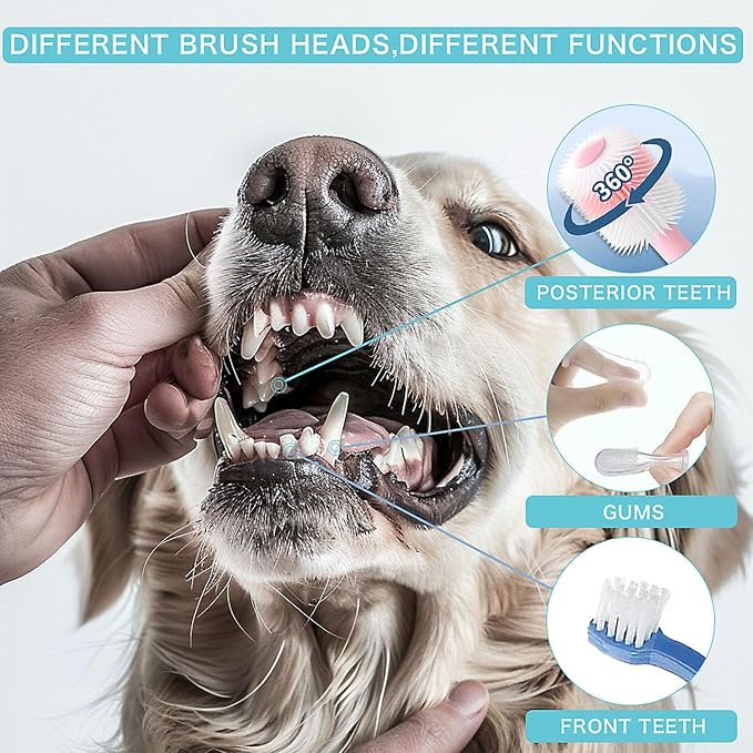 Dog Toothbrush, Finger Toothbrushes, 360 Degree Toothbrush, Triple Head Dog Toothbrushes, Double Head Toothbrush,Cleaning Brushes for Dog Cat Oral Dental Health (Blue, L)-PawvioPets