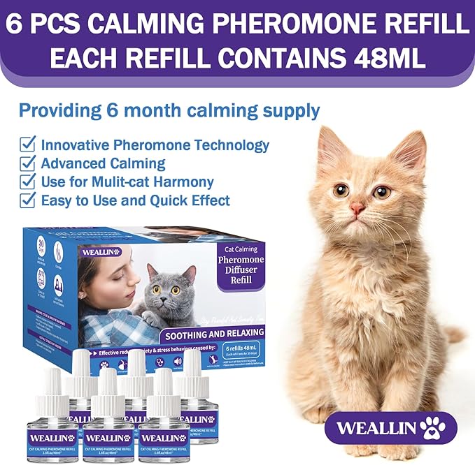 6 Pack Cat Calming Diffuser Refills - Cat Pheromones Calming Diffuser Refill Relieve Anxiety & Stress 6 Month Supply, Cat Pheromone Diffuser Refills (Fits All Common Diffuser Heads)-PawvioPets