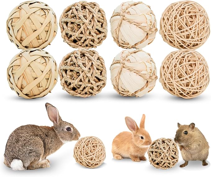 8 Pack Small Pet Chew Toys - 7cm Natural Woven Balls for Rabbits, Guinea Pigs, Hamsters (2 Seagrass, 2 Rattan, 2 Corn Husk, 2 Seaweed Rope) - Safe Dental Grinding Toys-PawvioPets