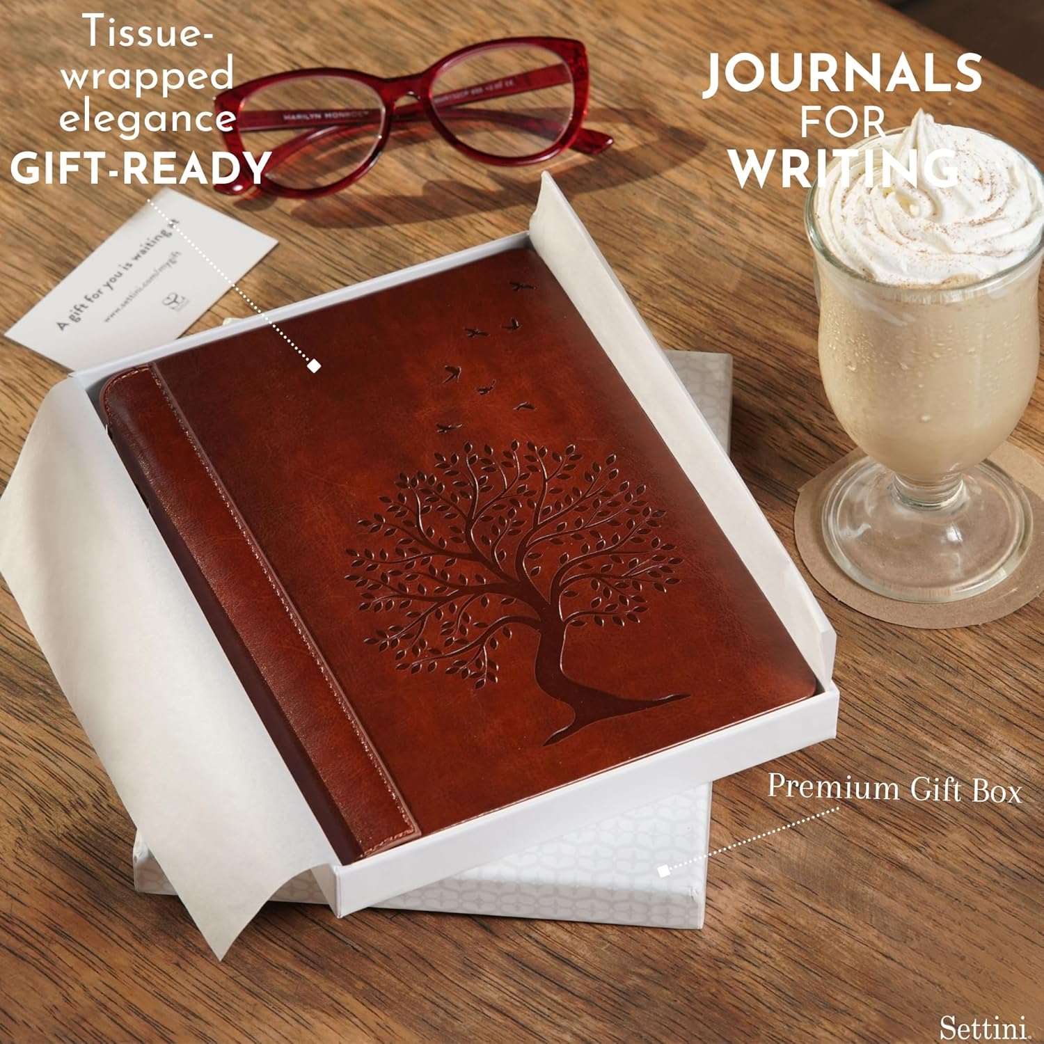 SETTINI® Tree of Life Journal Gift Set - Hardcover Vegan Leather, Unique Pen Holder, Lined, 192 Pages, 6 x 8.5 inches - Includes Pen for Writing and Travel - Birthday Gift
