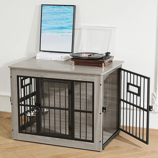 Gardner Pet Dog Crate Furniture for Medium Dogs, 32.7 Inch Dog Kennel Indoor, Wooden Dog Cage End Table with 2 Removable Bowls, Heavy Duty Dog Crate, Rustic Grey-PawvioPets