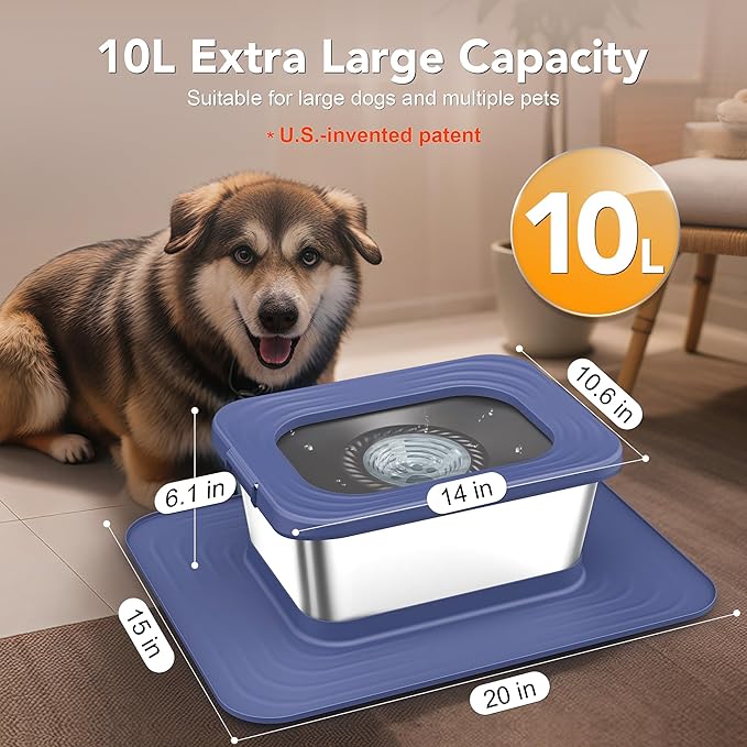 Decflow 10L Stainless Steel Dog Water Bowl, No Spill Anti-Splash Dog Bowls with XXL Silicone Mat, Spill-Proof Slow Feeder for Messy Drinkers, Heavy Duty Pet Bowls for Indoor/Outdoor Use Blue-PawvioPets