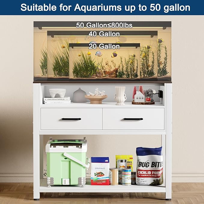 40-50 Gallon Fish Tank Stand with Power Outlet & 2 Storage Drawers, Heavy Duty Metal Frame Aquarium Stand with Waterproof Mat, 36.6" L*19.1" W Tabletop, 800LBS Capacity, White+Brown-PawvioPets