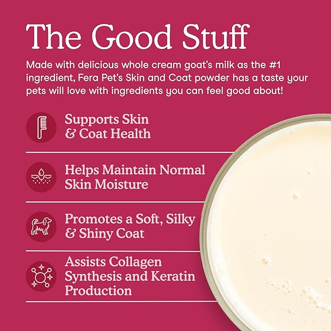 Fera Pets Goat Milk Topper - Cat & Dog Skin and Coat Supplement with Collagen, Biotin & Vitamin C - Helps Maintain Normal Skin Moisture - Promotes a Shiny Coat - for Picky Eaters - 60 TSP-PawvioPets