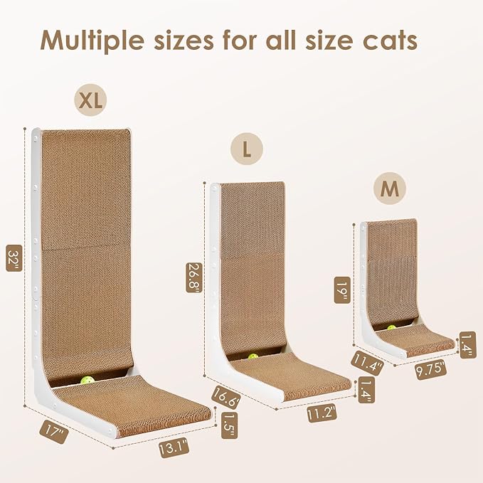 EHEYCIGA Cardboard Cat Scratcher for Indoor Kitten Cats, 19 Inch L Shaped Vertical Cat Scratching Board with Ball Cat Toy, Small Cat Scratcher Pad, White-PawvioPets