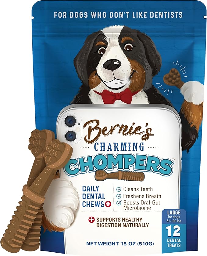 Bernie's Charming Chompers - Daily Dental Chews for Dogs 50-100 Lbs. - 12 Count - Cleans Teeth, Freshens Breath, + Boosts Oral-Gut Microbiome. Easy to Digest, Supports Healthy Digestion Naturally-PawvioPets