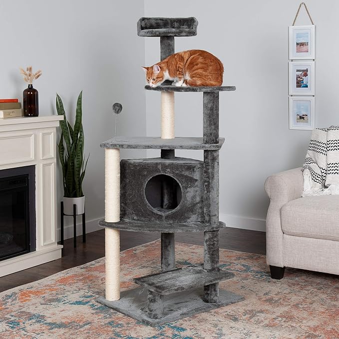 Furhaven 59.8" Tall Cat Tree for Indoor Cats, Ft. Sisal Scratching Posts, Condo, & Toys - Tiger Tough Platform House Interactive Playground Tower - Gray, One Size-PawvioPets