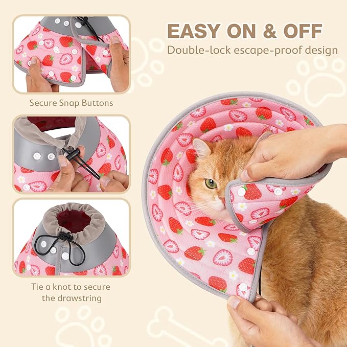 Avont Cat Cone Collar Soft to Stop Licking, Adjustable Foldable Lightweight Kitten Recovery Collar After Surgery for Small Dogs, Elizabeth Cone of Shame Alternative -Strawberry(M)-PawvioPets
