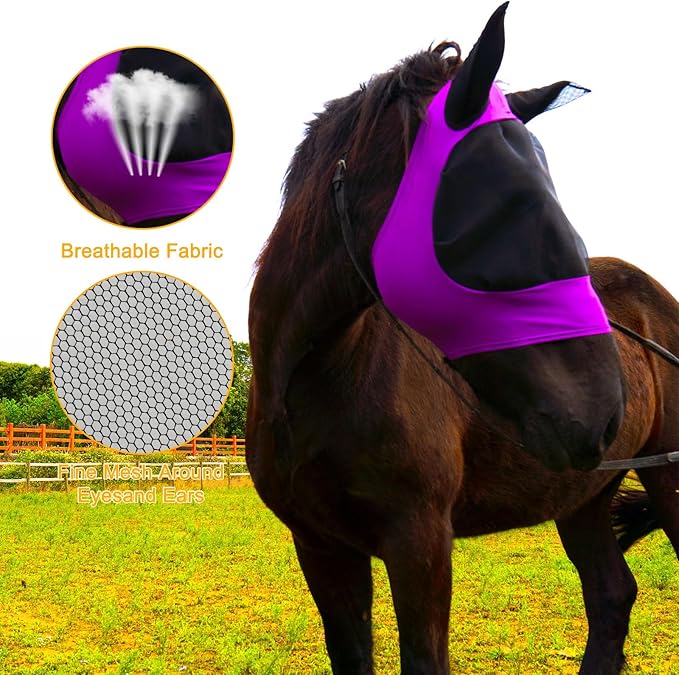 2 Piece Horse Fly Mask with Ears, Comfortable Fit Stretch Fabric Big Eye Space Soft Breathable with UV Protection for Full Horses (Purple-Gray)-PawvioPets
