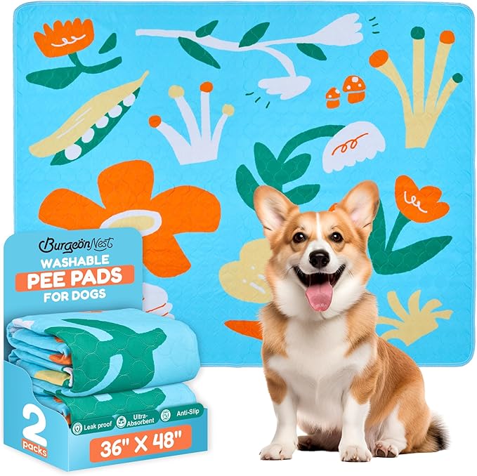 BurgeonNest Washable Pee Pads for Dogs, 2 Pack 36''x48'' Super Absorbent, Leakproof & Non-Slip Reusable Potty Pads for Puppy Playpen, Crate, Whelping Box, Potty Training, Blue-PawvioPets