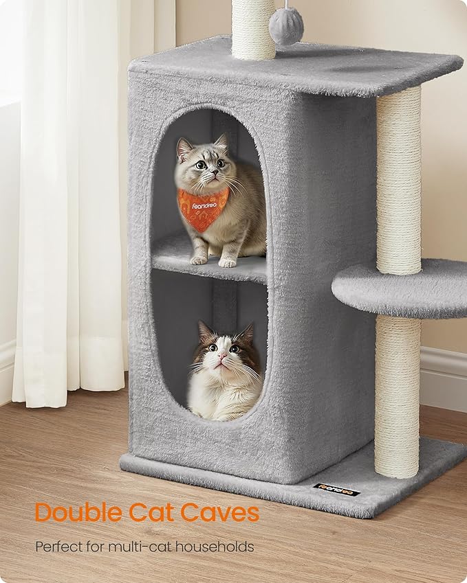 Feandrea Cat Tree Tower with 2 Caves for Multi-Cat Households, Kittens, Scratching Posts, Light Gray UPCT005G01-PawvioPets
