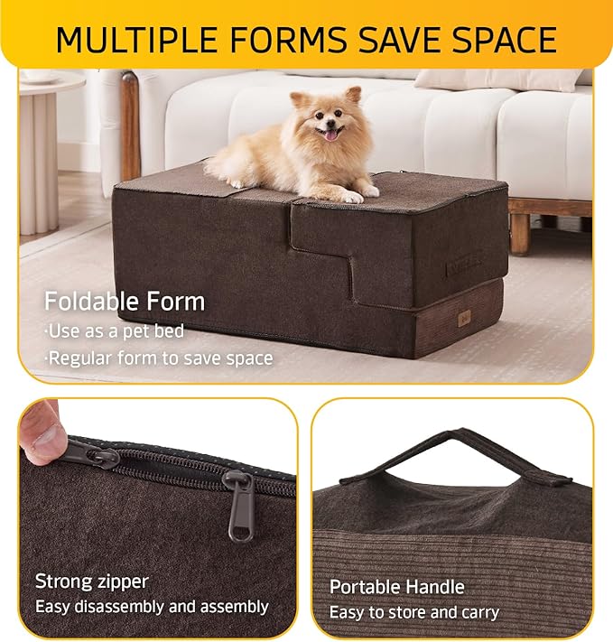 Dog Stairs for Bed, Dog Steps for Bed Couch Sofa, 35D Foam Pet Steps for Small Dogs and Cats, Extra Wide Pet Stairs with Non-Slip Bottom Brown, 3 Steps-PawvioPets