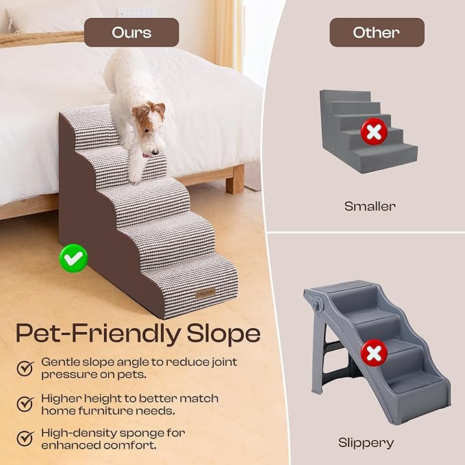 Curved Dog Stairs for High Bed Up to 26", 5-Step Dog Ramp for Small Dogs with Washable Cover, Non-Slip Steps for Cats to Get on Couch and Sofa, Durable Foam Ladder for Medium Breeds, White Coffee-PawvioPets