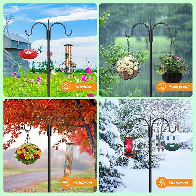 FEED GARDEN Adjustable Double Shepherds Hook for Outdoor with 5 Prong Base 76 Inch Heavy Duty Two Sided Bird Feeder Pole for Hanging Plant Baskets, Solar Light Lanterns, Wind Chimes 2 Pack-PawvioPets