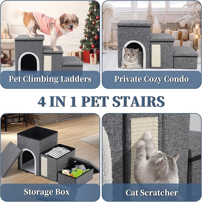 Dog Stairs for High Bed and Couch, 4 IN 1 Foldable Pet Stairs for Cats & Small and Medium Dogs, Adjustable Dog Steps with Pet Climbing Ladders/Cozy Condo/Storage Boxes/Cat Scratcher, Hold Up to 180LBS-PawvioPets