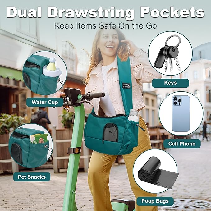 Dog Sling Carrier for Small Pets, Hands-Free Cat Carrier Pouch up to 8.8 lb, Cat Sling with Safety Strap and Pockets, Ideal for Travel and Daily Use, Peacock Blue-PawvioPets