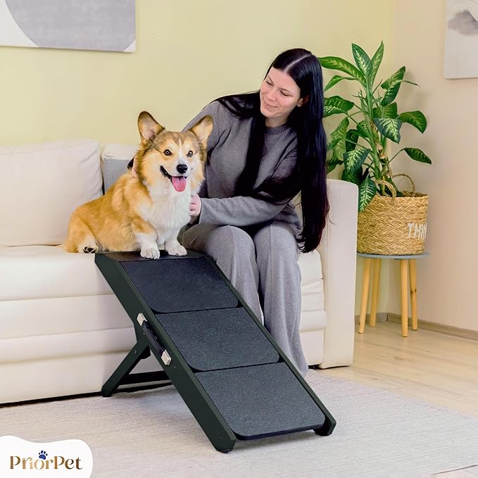 Dog Steps for Bed & Couch 2-in-1 Dog Stairs/Ramp - Height Adjustable Dog Ramp for Couch 7” - 20” - Pet Stairs, Dog Stairs for Small Dogs - Easy to Move Pet Steps with Landing Platform, Black-PawvioPets