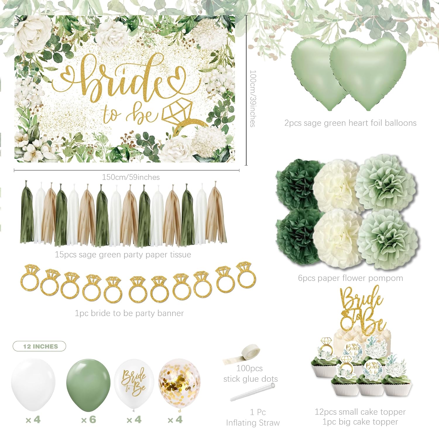 Sage Green Bridal Shower Decorations,Bachelorette Party Decorations, Bride to Be Backdrop, Bridal Shower Balloons, Paper Pom Poms Bride to Be Party Supplies for bridal shower