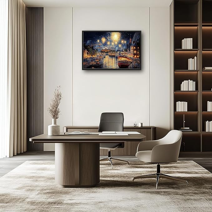 Framed Large Firework Night Sky Wall Art, Oversized European City Landscape Wall Decor for Living Room, River Boats Canvas Pictures Home Decoration for Living Room Bedroom Office 36"x24"-PawvioPets
