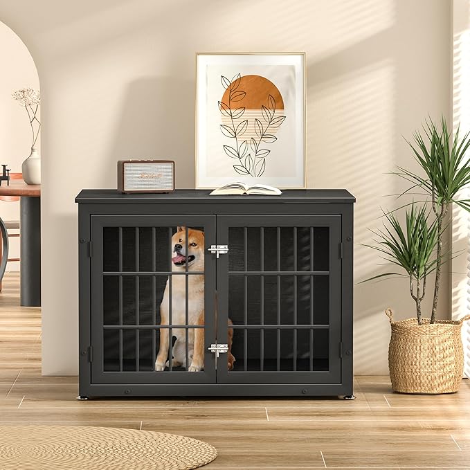 38" Heavy Duty Dog Crate Furniture for Large and Medium Dogs,Wooden Metal Kennel for High Anxiety Dogs, Chew Proof Pet Cage Indoor, Decorative Dog Kennel End Table-PawvioPets