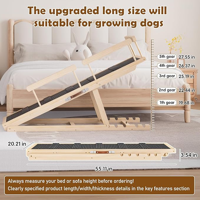 Dog Ramp for Couch, Bed or Car, Wooden 55" Long Pet Stairs for Small & Large Old Dogs & Cats, Hold up to 250lb, 6 Adjustable Height from 19.68" to 27.55" Portable Doggie Steps, Excellent Traction-PawvioPets