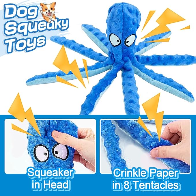 Alphatool Squeaky Dog Toys - Soft Plush Chew Crinkle Puppy Toys to Keep Them Busy, Octopus No Stuffing Interactive Essentials for Teething Small Medium Pets Dogs Gifts - 1pcs-PawvioPets