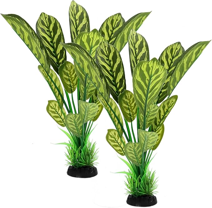 ALEGI Silk Aquarium Plants, 12 Inch Artificial Silk Plants Decorations for Fish Tank,Aquarium Décor Plastic Plants (Green with Stripes, 2 Pack)-PawvioPets