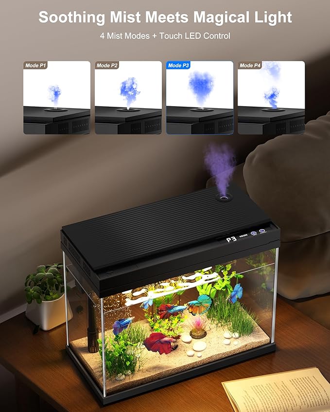 Fish Tank with Desktop Humidifier, 2.38 Gallon Quiet Eco Aquarium,Smart Touch LED Light & Temperature Display, Glass Mini Fish Tank-PawvioPets