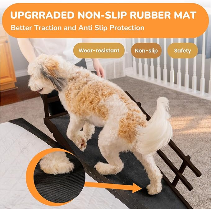 Dog Ramp for Bed, 5 Level Adjustable Dog Ramp for High Beds, Upgrade Rubber Mat High Traction Ramp with Safety Rails, Folding Pet Ramp for Bed, Couch,SUV, Natural Wood Pet Ramp for Small & Old Dogs-PawvioPets