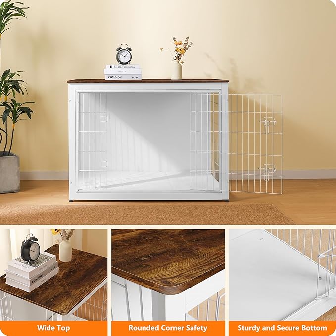 DWANTON Dog Crate Furniture with Cushion, Wooden Kennel Table with Double Doors, Indoor Dog House, Extra Large Size, 43.3" L, White+Rustic Brown-PawvioPets