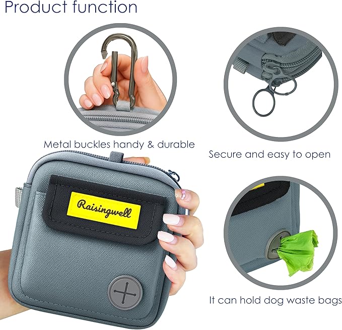 Dog Treat Pouch for Pet Walking and Training with Clicker Poop Bags and Three Bags Design Small Fanny Zipper Pack Holder for Puppy Snack Dispenser Kit for Leash and Outdoor Use (Gray)-PawvioPets