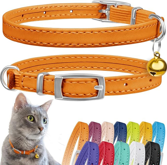CollarDirect Leather Cat Collar, Cat Safety Collar with Elastic Strap, Kitten Collar for Cat with Bell Black Blue Red Orange Lime Green (Neck Fit 6"-7", Orange)-PawvioPets