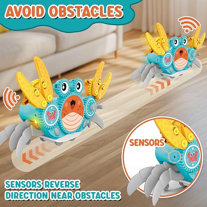 Alritz Crawling Crab Baby Toy, Developmental Tummy Time Toys for Crawling, Walking Crab Toy DIY Gear-building, with Sensory Light-Up, Dancing Crab Toys for Infant Boys Girls 3-6 6-12 36 Months Age 3 +-PawvioPets