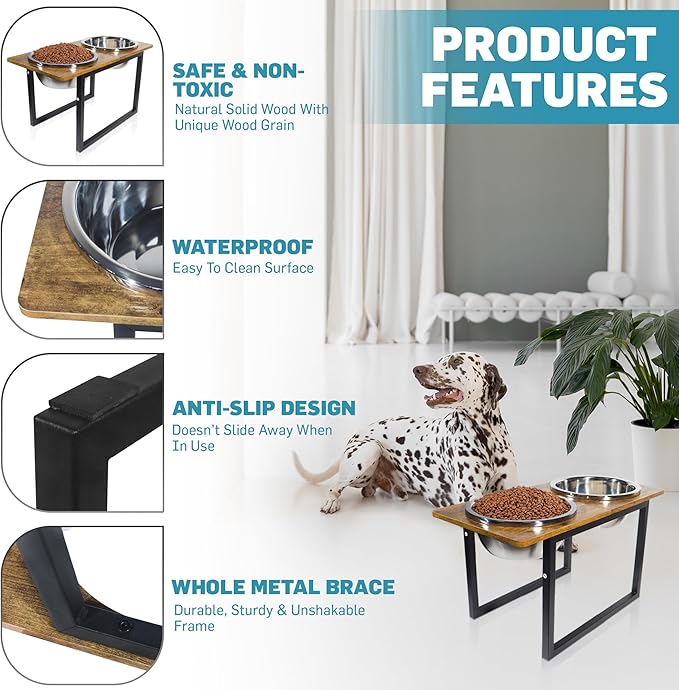 Elevated Dog Bowls for Large & Extra Large Breed Dogs - Raised Dog Feeding Station with Two Stainless Steel Bowls - Helps to Reduce Strain on Dog’s Neck & Joints - 3500 ML Capacity-PawvioPets