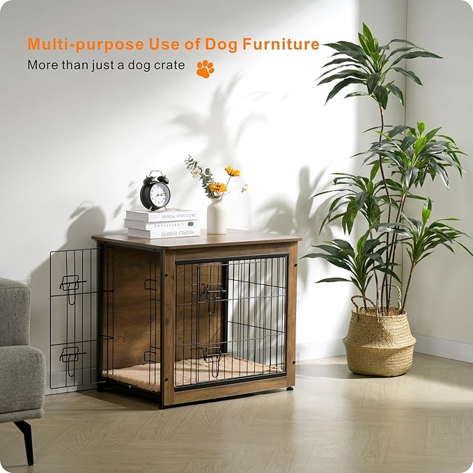 DWANTON Dog Crate Furniture with Cushion, Wooden Kennel Table with Double Doors, Indoor Dog House, Small/Medium/Large Size, 27.2" L, Warm Brown-PawvioPets