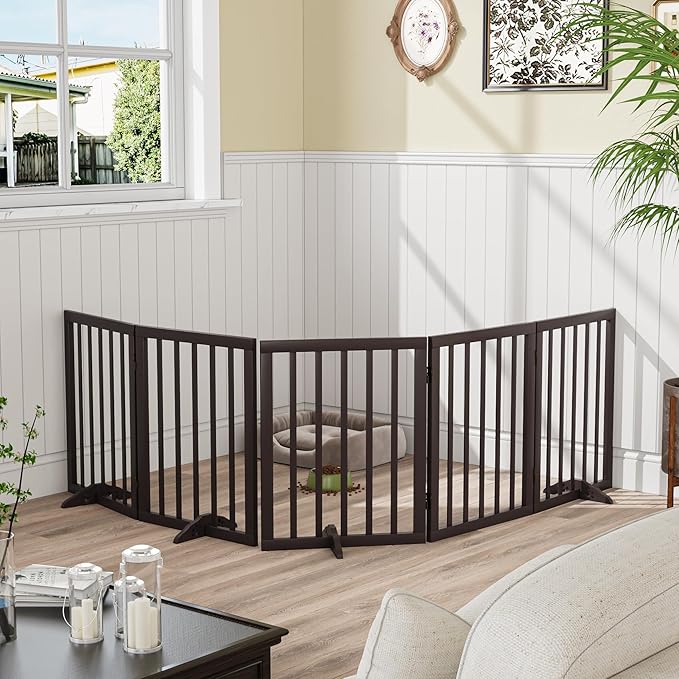 Freestanding Foldable Dog Gate 2 Panel,Fully Assembled Dog Gates for Doorways, Wooden Pet Gates for The House, 24-inch Tall Pet Gate Indoor-PawvioPets