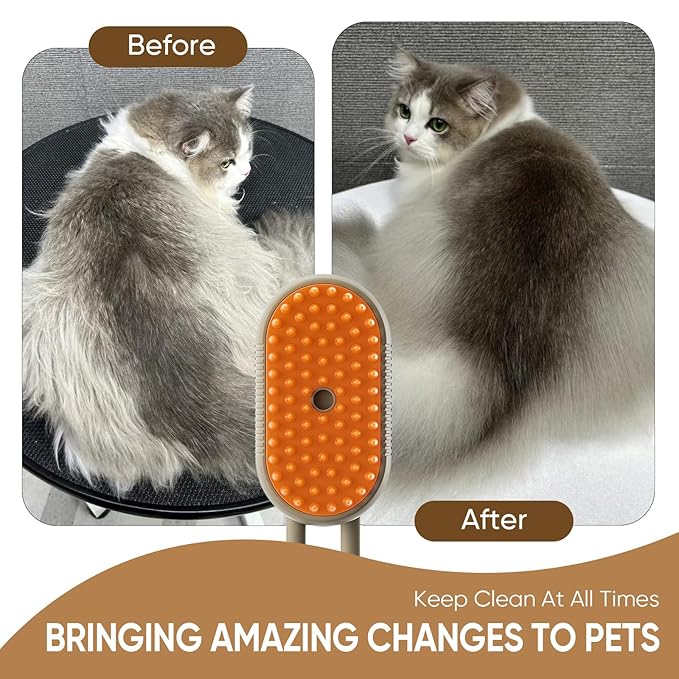 4-in-1 Cat Steam Brush for shedding–Self-Cleaning Comb for Long and Short Hair Cats and Dogs, Steam Pet Brush for Hair Removal, Vibrating Message, Grooming & Relaxation (Khaki)-PawvioPets