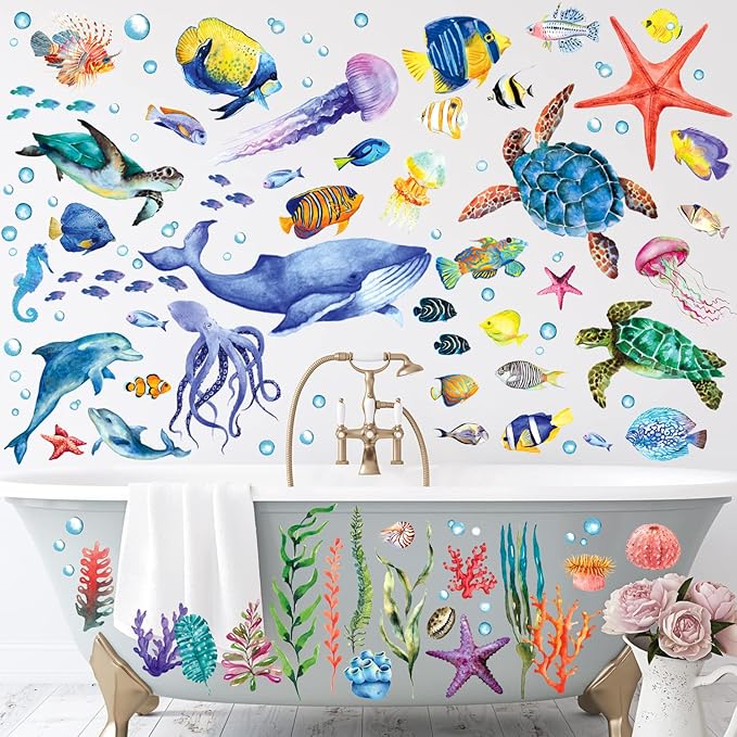 BASHOM DS12-8048 128 Pieces Under The Sea Wall Decals Ocean Fish Stickers Turtle Jellyfish Seaweed Removable for Kids Bedroom Nursery Living Room Home Art Decor Bathroom Baby-PawvioPets