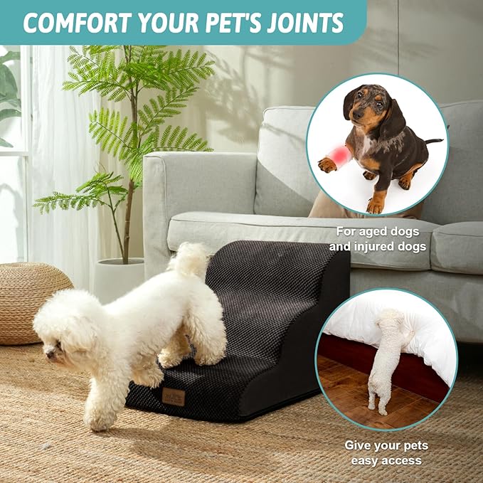 Dog Stairs for Small Dogs 15.7" H, Curved Dog Step for Puppy, Older Cat, Medium Pet Ramp for Sofa, Couch or Bed, Ladder with High Density Foam, 15.7x22.4x15.7 inch, 3 Step, Black-PawvioPets