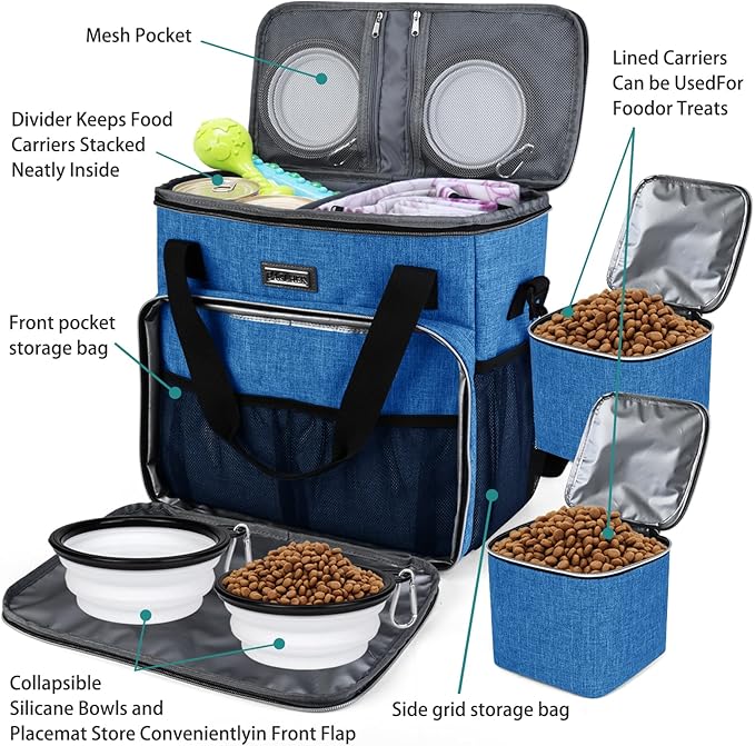 BAGLHER Dog Travel Bag, Pet Travel Bag (ALL Pet Travel Supplies), With 2 Pet Food Containers and 2 Collapsible Silicone Bowls; Essential Kits for Pet Travel Blue-PawvioPets