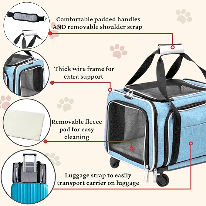 Airline Approved Expandable Premium Pet Carrier on Wheels- Two Sided Expandable Rolling Carrier- Designed for Dogs & Cats- Extra Spacious Soft Lined Carrier! - Light Blue-PawvioPets