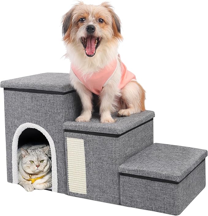 Dog Stairs for High Bed and Couch, 4 IN 1 Foldable Pet Stairs for Cats & Small and Medium Dogs, Adjustable Dog Steps with Pet Climbing Ladders/Cozy Condo/Storage Boxes/Cat Scratcher, Hold Up to 180LBS-PawvioPets