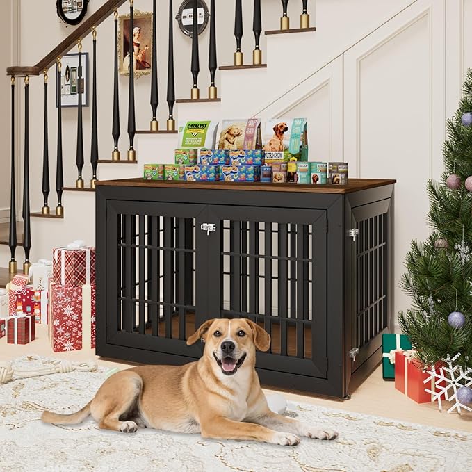 48" Heavy Duty Dog Crate Furniture for Small,Medium and Large Dogs,Rustic Wooden Dog Cage Kennel Indoor Furniture with Waterproof Top,Decorative Pet House Side End Table (Black & Wood)-PawvioPets