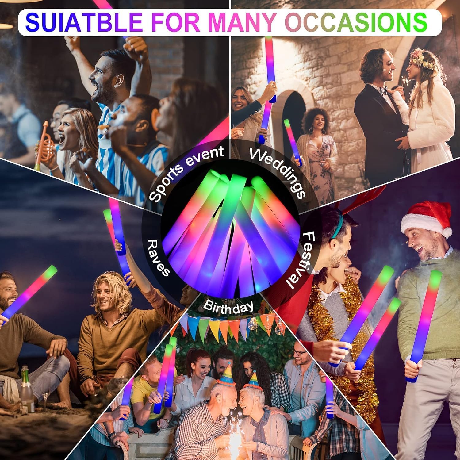 LifBetter Light Up Glow Sticks Bulk, LED Foam Sticks 112 pcs Glow in The Dark with 3 Modes Flashing Led Foam Multicolor Batons Light up Party Favors for Birthdays, Weddings, Concerts, Festivals